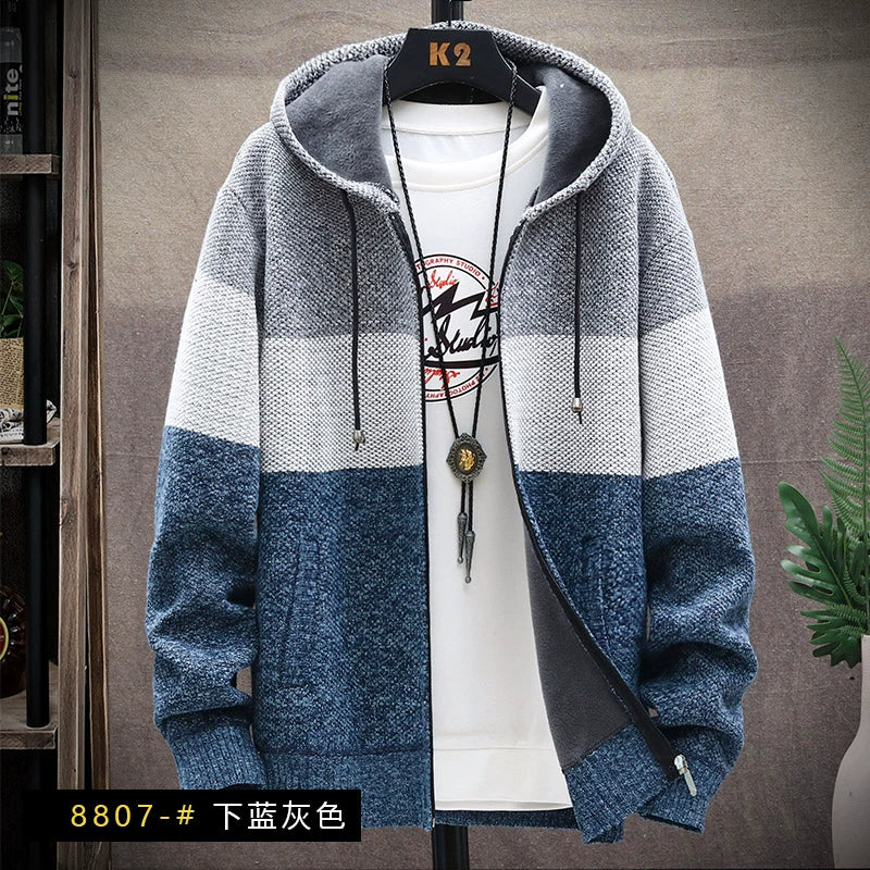 Suéter masculino de inverno com capuz e forro de lã combinando com cores